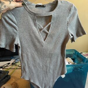 SHEIN Gray Ribbed Bodysuit with Cutout Detail